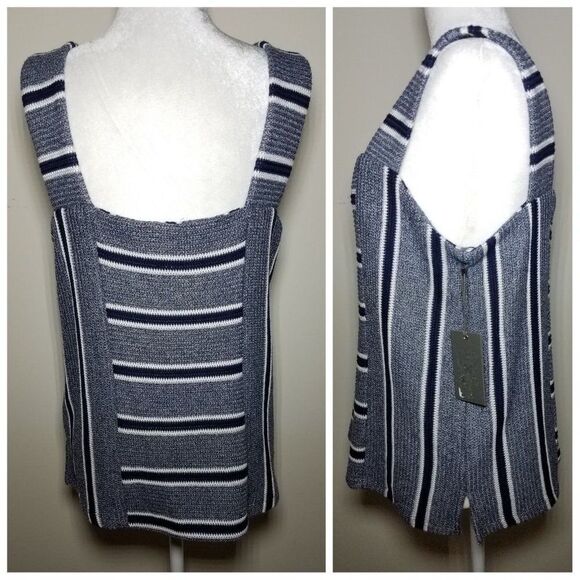 NWT|Vince Camuto Blue Striped Knit Sleeveless Tank Top, MEDIUM - Picture 1 of 4